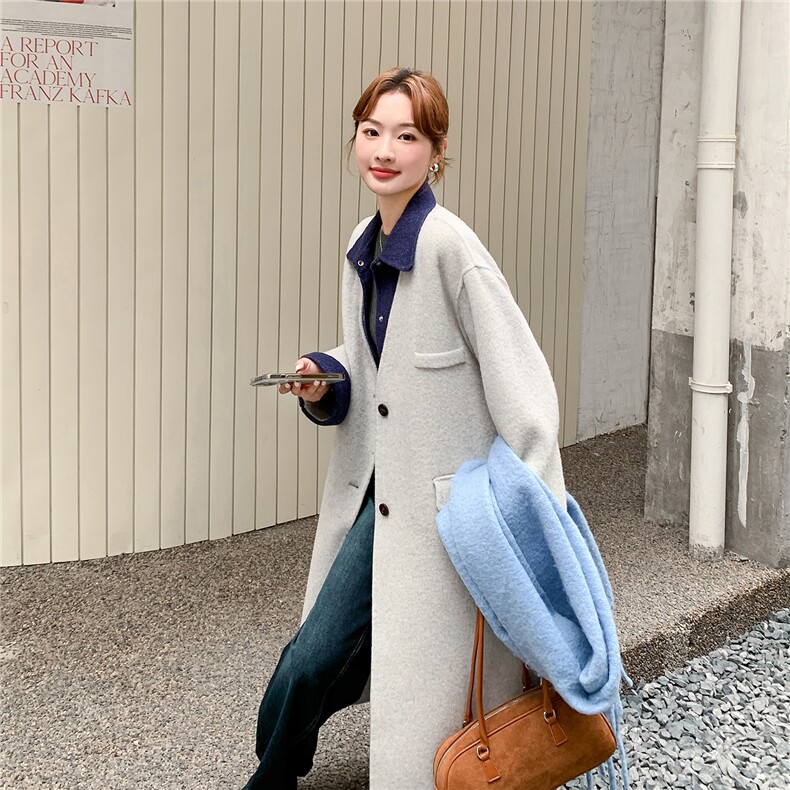韩系假两件翻领撞色拼接双面呢羊毛大衣女秋冬2025新款高级感外套,女装毛呢外套,2B156