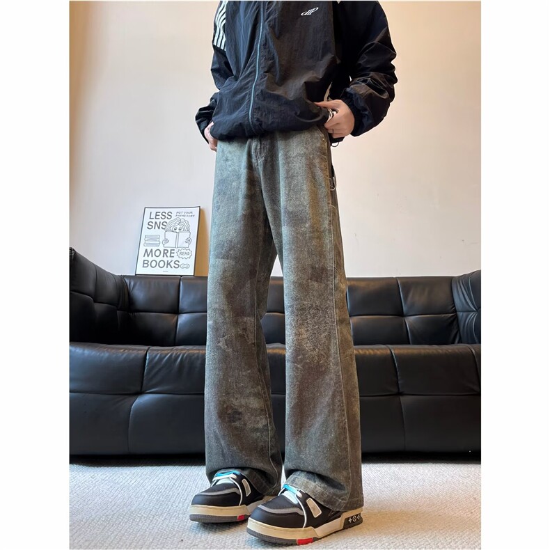 水洗宽松牛仔裤男款春秋季美式复古潮牌休闲百搭阔腿直筒长裤，男装牛仔裤，星座302B