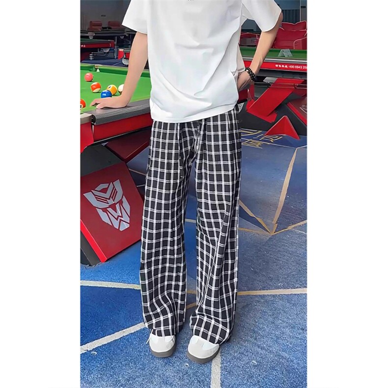 美式高街潮牌男女泡泡格子休闲裤直筒宽松慵懒显瘦阔腿休闲长裤子,男装休闲裤,电商A486