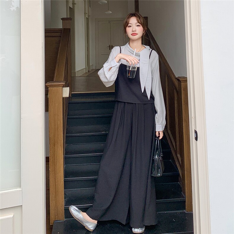 高级感韩版减龄吊带阔腿裤套装女春秋2025新款清纯系松弛感三件套图片