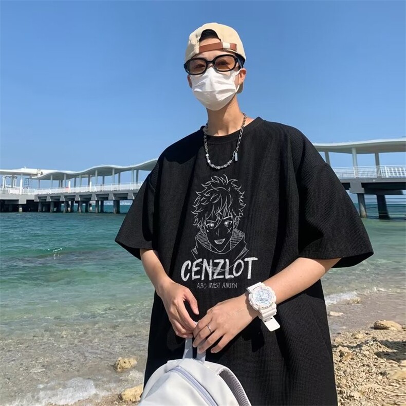 T恤日系文艺时尚ins夏季五分袖五分裤冰丝华夫格印花套装T319P30,男装休闲套装,星座1116-2