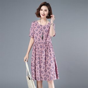2021年夏季通勤韩版中长款A字裙40-49周岁印花圆点高腰短袖裙子图片