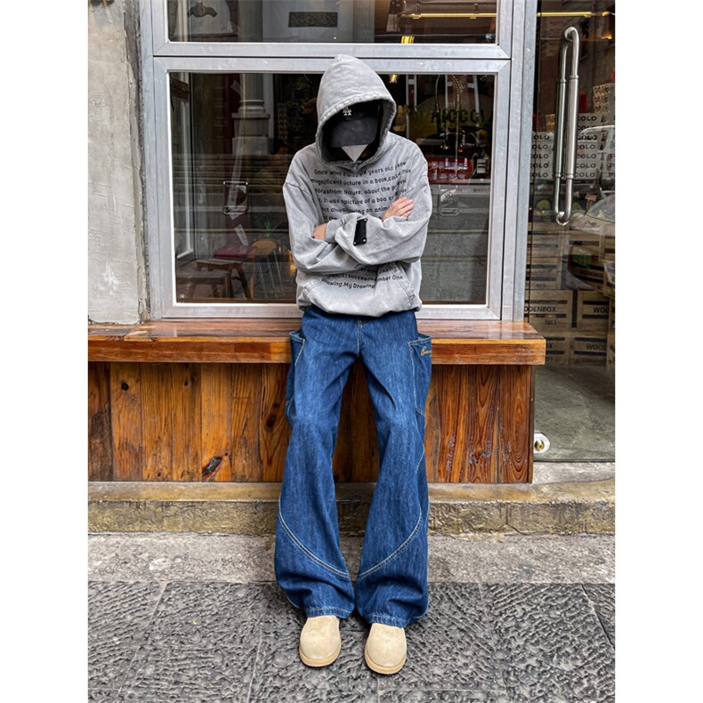 深蓝色弯刀牛仔裤男款美式复古大口袋oversize裤子宽松阔腿工装裤,男装牛仔裤,星座1008