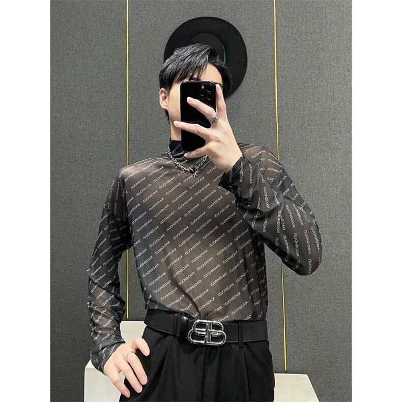 美式高街冰丝打底长袖t恤潮牌欧美vintage透气高领长袖衫男款上衣,男装T恤,星座506A