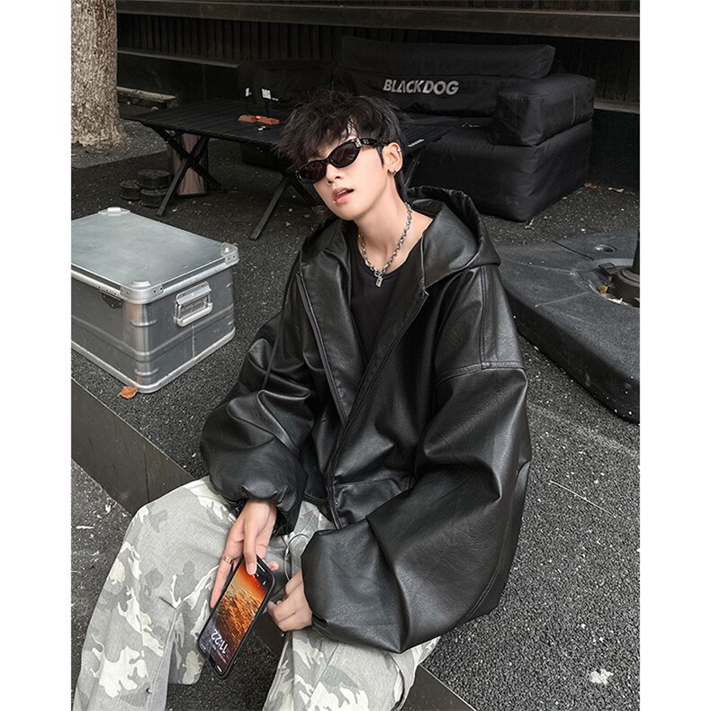 美式PU皮夹克男女秋冬季连帽宽松高街痞帅机车外套潮牌AK55-P75,男装夹克,星座1008