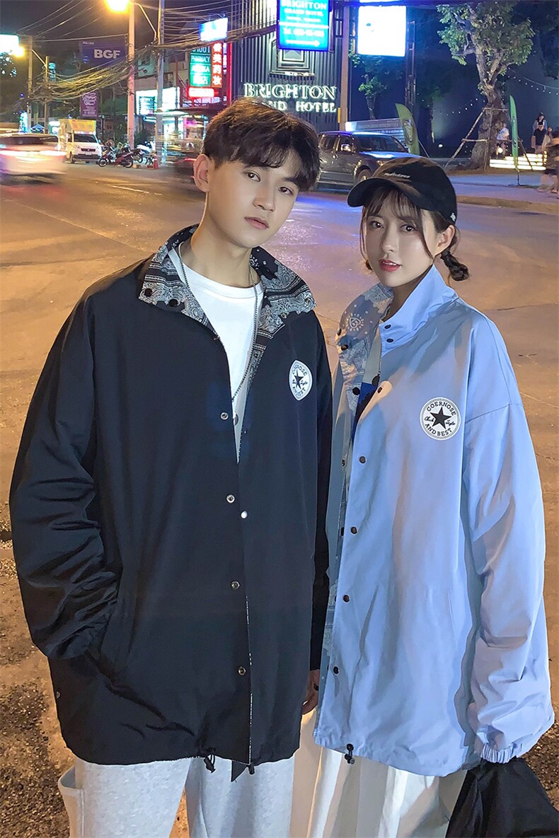 709-JK83-P1002021春秋款港风双面穿腰果花翻领夹克潮流嘻哈上衣,男装夹克,星座709