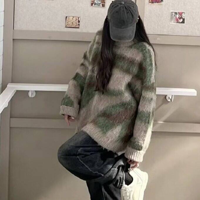 圆领设计撞色条纹拼接毛衣慵懒风高级感日系复古情侣针织衫外套,男装针织衫/毛衣,星座601-1