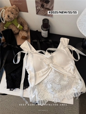 辣妹蕾丝拼接扭结绑带吊带背心修身带胸垫上衣夏季女装，女装背心吊带，梦白服饰厂