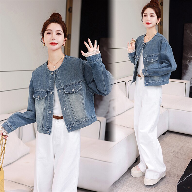 2025新款韩版减龄时尚宽松短款牛仔外套女蕾丝花边袖拼接圆领口袋，女装牛仔外套，星宇服饰