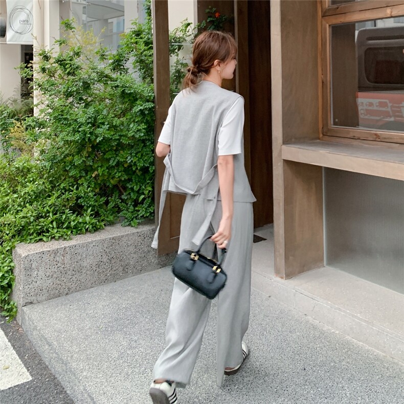 休闲气质浅灰色马甲阔腿裤套装女2025夏季新款又酷又飒显瘦两件套,女装套装/套裙,浙宝069