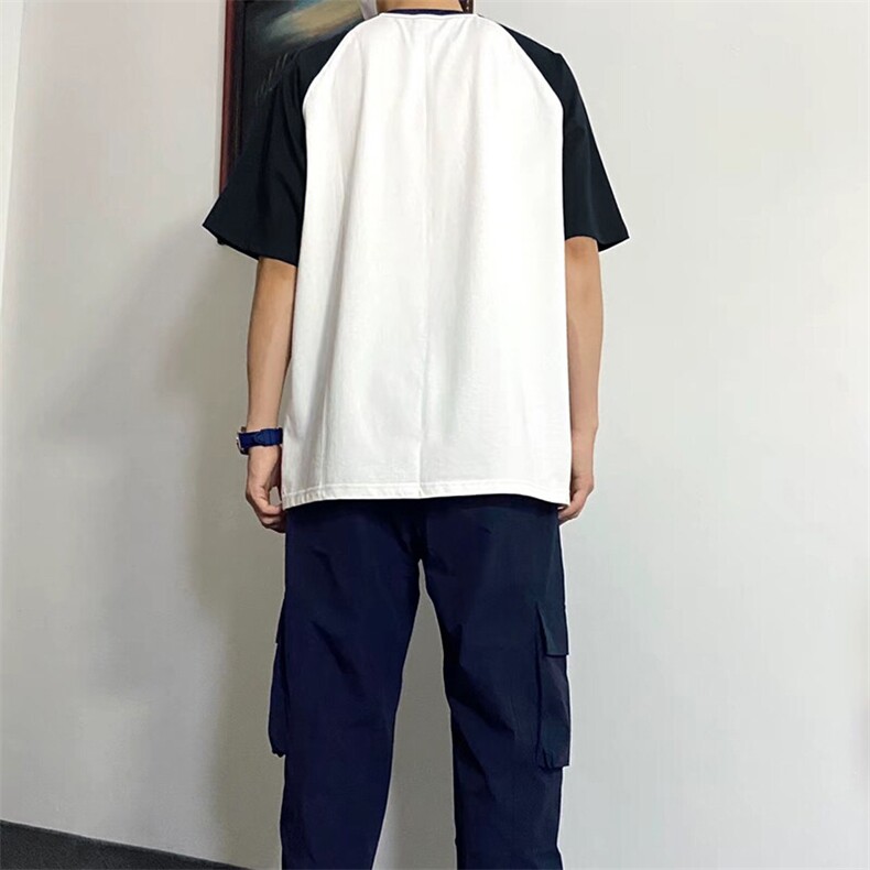 抖音得物高品质二开240克宽松纯棉美式潮牌插肩袖拼接短袖T恤,男装T恤,电商A486