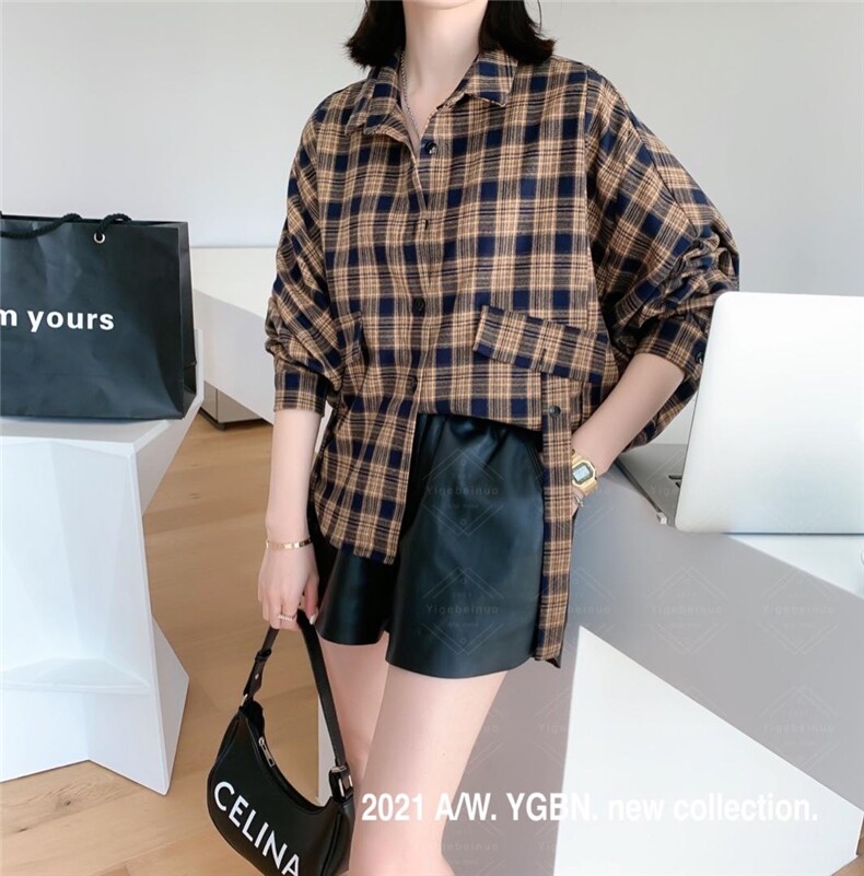 【现货】磨毛格子小衬衫，女装衬衫，依歌贝诺