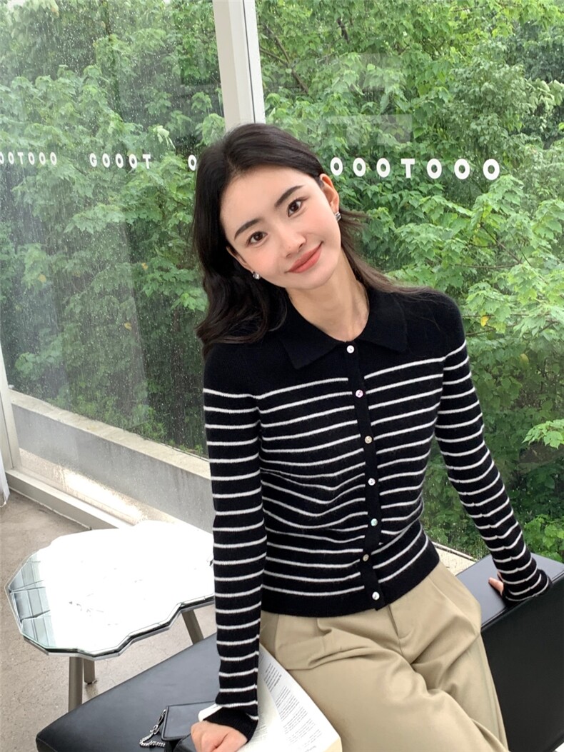 秋冬新款polo领女纽扣修身开衫保暖上衣针织衫,针织衫/毛衣,玛卡隆羊绒