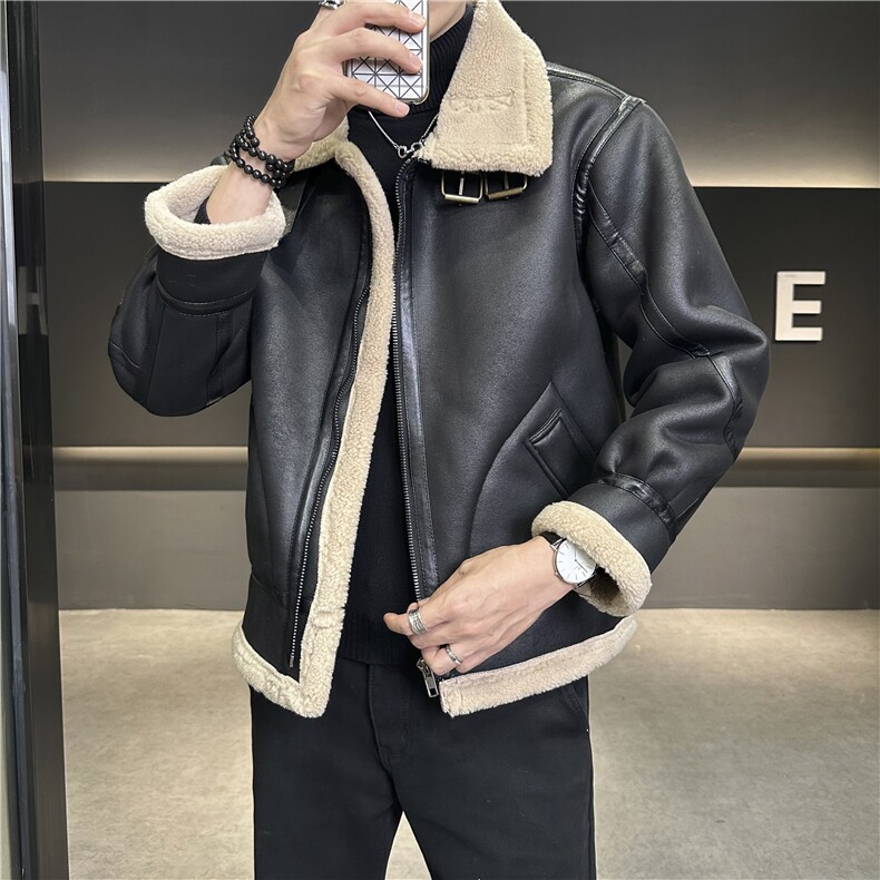 模特图2024冬季保暖外套皮毛一体加厚羊羔毛领翻领夹克8913p245，男装夹克，电商A203-1