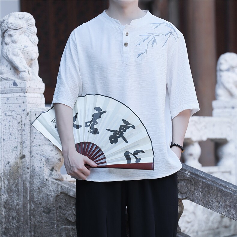 新款夏季冰丝立领短袖凉感风刺绣新中式大码垂感T恤男T812P55，男装T恤，电商A021A