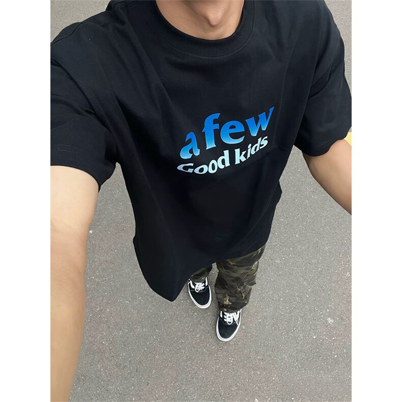 抖音得物供货210克现货宽松纯棉美式潮牌印花落肩袖纯棉T恤AT2183图片
