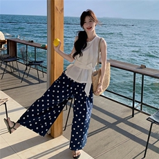 法式棉麻波点无袖套装女2025夏新款时尚显瘦气质女神范高端两件套，女装套装/套裙，2D076