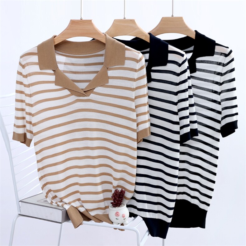 横条T恤2024年夏季套头时尚短袖百搭显瘦针织衫，女装针织衫/毛衣，片语羊绒