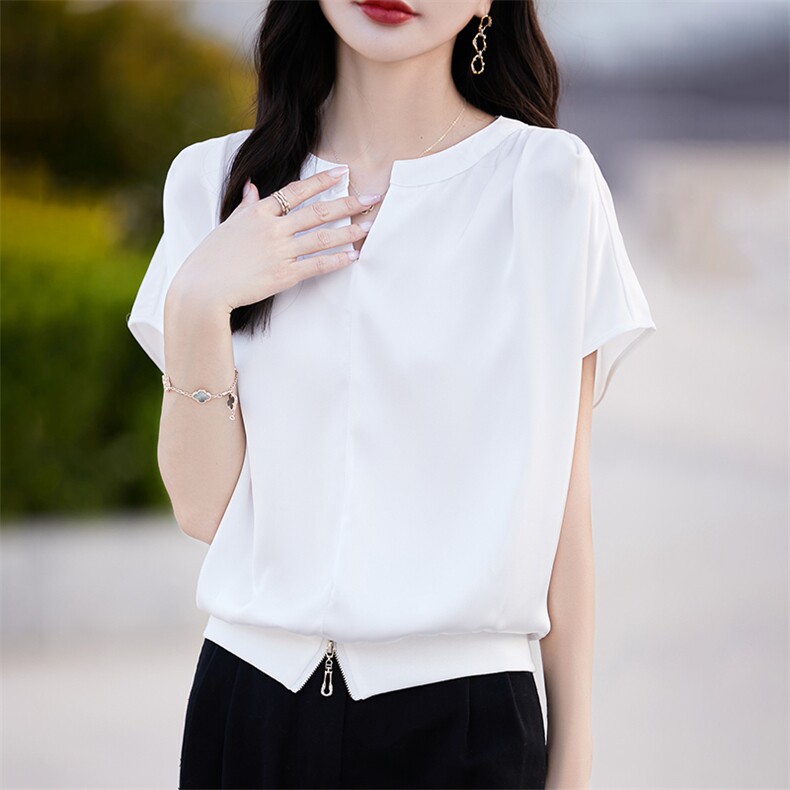 半开领醋酸真丝短袖女24夏季薄款缎面拉链上衣宽松百搭半袖打底衫,女装T恤,臻维羊绒