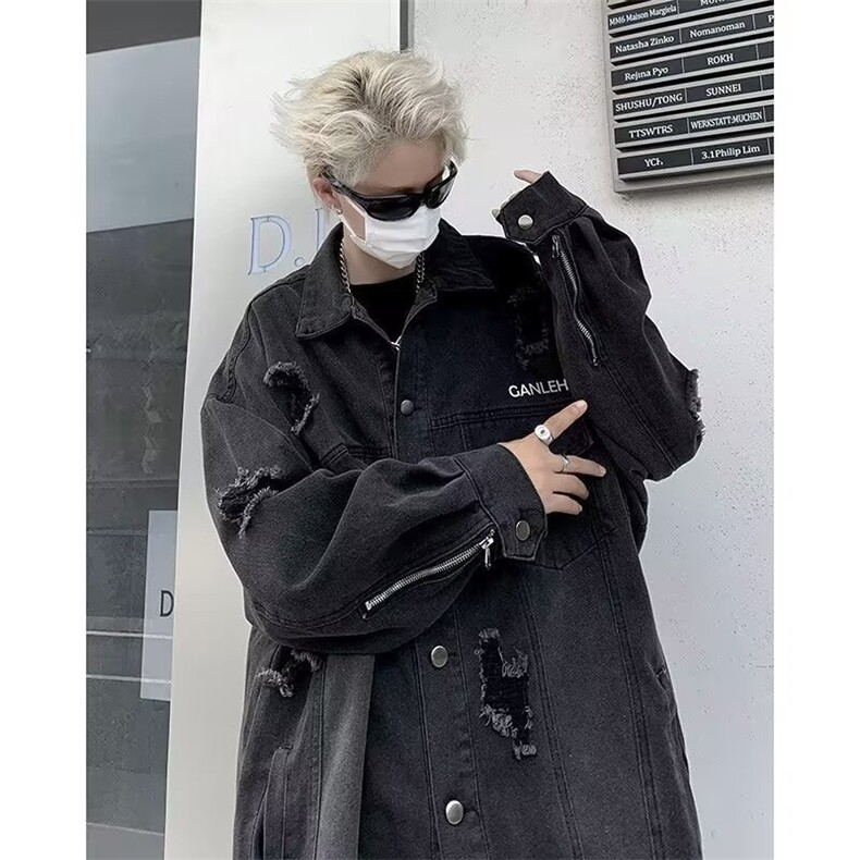 炸街破洞牛仔夹克男春秋季美式复古宽松潮牌做旧工装外套F05/P65,男装夹克,星座506