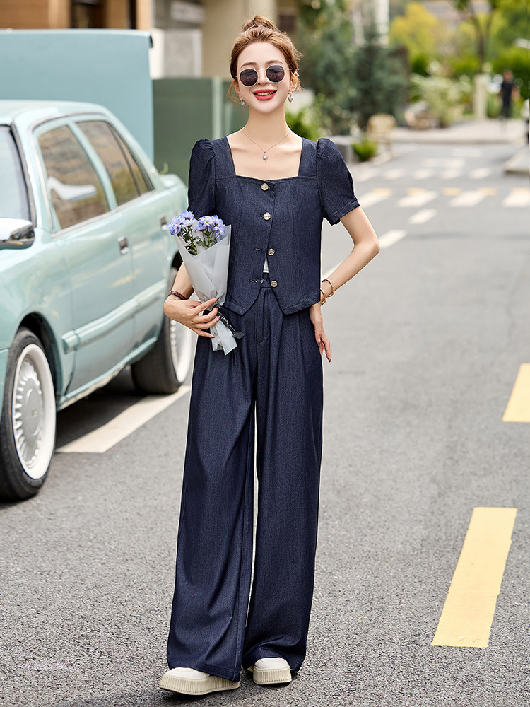 小香风套装女2025夏新款韩系高级感职业气质牛仔阔腿裤穿搭一整套,女装套装/套裙,贵人树