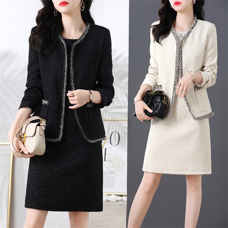 小香风套装连衣裙女2024冬装新款高端毛呢外套遮肚显瘦两件套裙子，女装套装/套裙，罗得堡