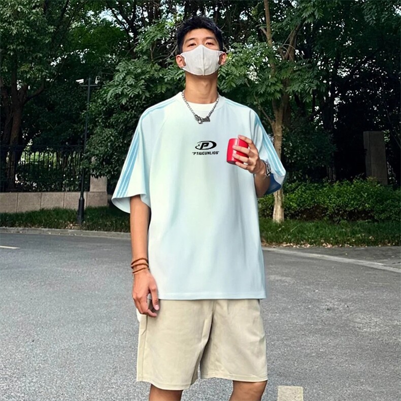 抖音得物品质二开240克宽松纯棉美式潮牌印花三条杠中性风短袖T恤,男装T恤,电商A486-1