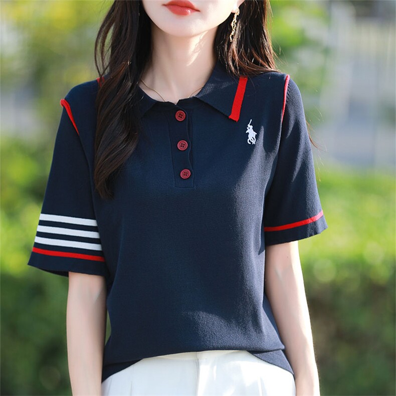 夏季新款简约翻领刺绣短袖冰丝面料宽松百搭显瘦时尚休闲上衣,针织衫/毛衣,萱芳婷羊绒