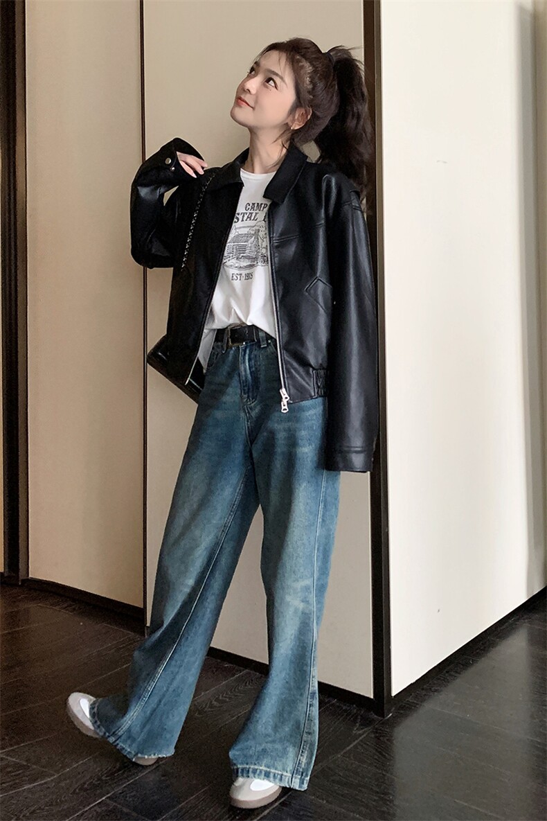 上衣常规机车服工装风短款皮衣休闲修身型秋季百搭,女装短外套,2C090