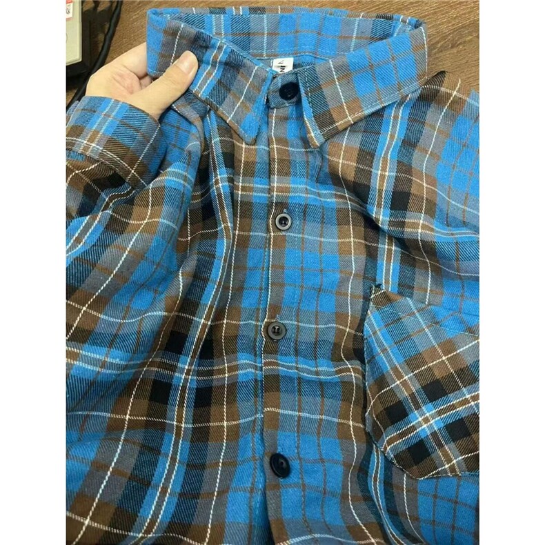 vintage蓝色格子衬衫女春秋新款复古百搭休闲宽松外套上衣CA213,男装衬衫,星座1116A（原606A-3）