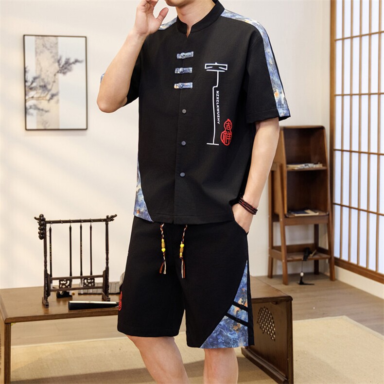潮风套装男新中式短袖衬衫时尚休闲短裤两件套JZ306-P58,男装牛仔裤,星座310B-3