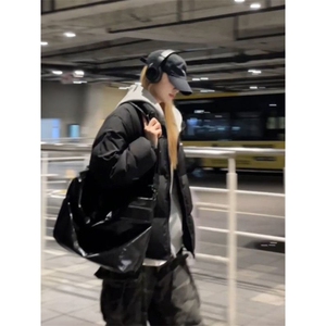 韩系复古风假两件连帽面包服外套冬季宽松时尚感棉衣棉袄图片