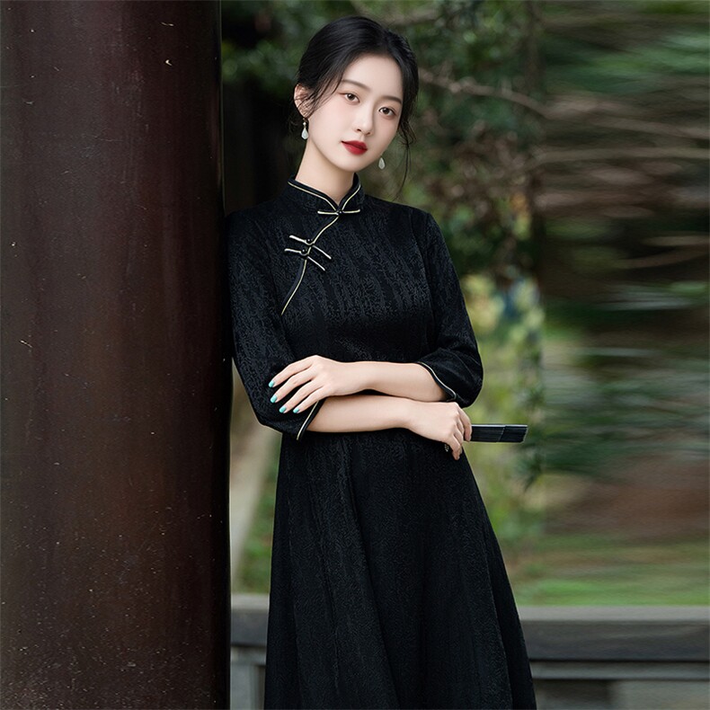 新中式风弹力复合冰丝提花改良旗袍2557P130,女装汉服/婚纱/旗袍/礼服,乐衣轩