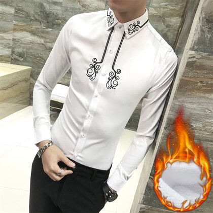 18秋新款男青年长袖加绒加厚修身刺绣花纯色韩版潮工服W0324-P65图片