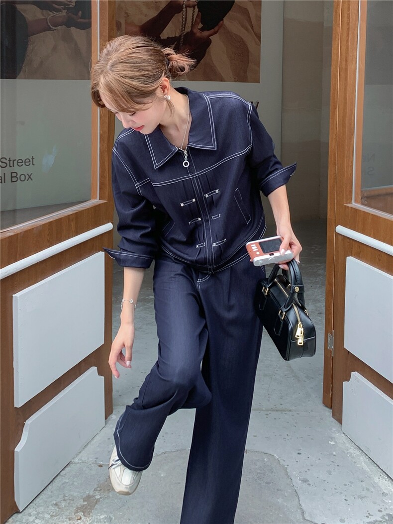 （新款现货）2026春装时尚潮流天丝牛仔拉链阔腿裤套装两件套,女装套装/套裙,印象茜