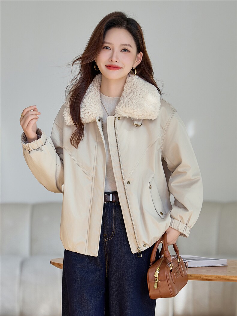 羊羔毛翻领加绒保暖短外套女2025秋冬宽松休闲百搭派克服棉衣棉服,女装棉衣/棉服,依万里