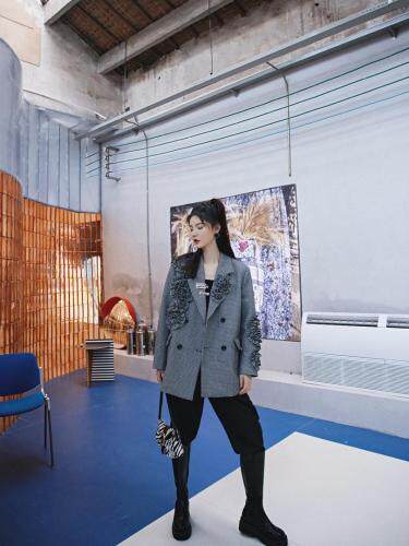 夹棉千鸟格西装外套，女装西装，YOUER DENG