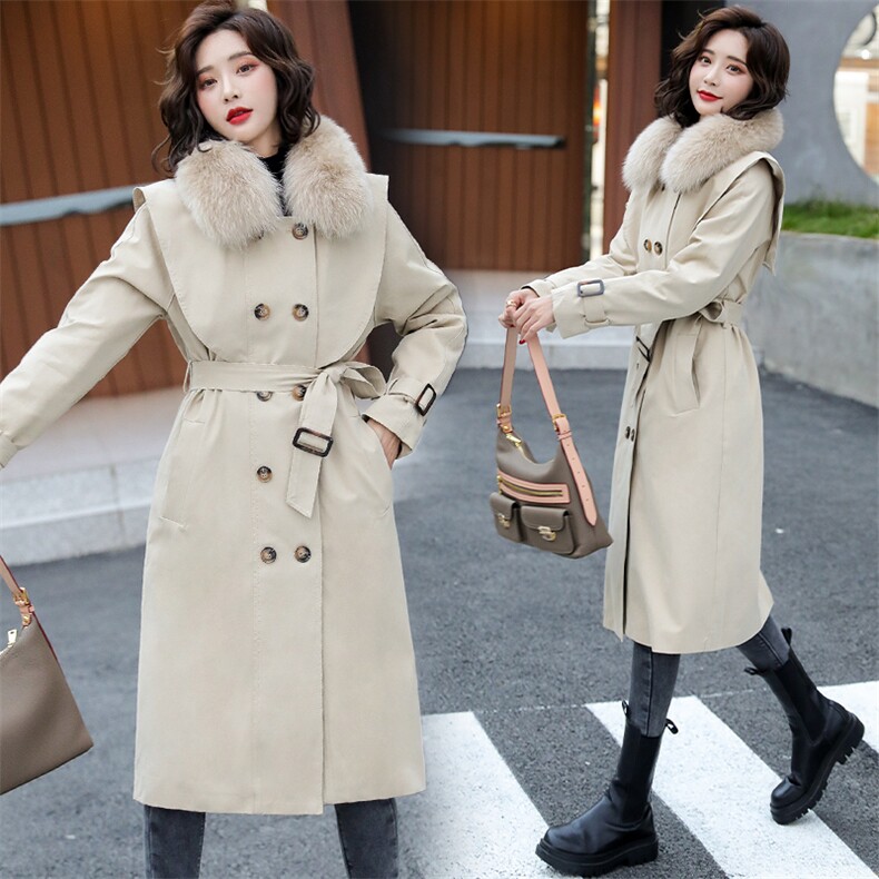 2025冬季新款简约时尚系带收腰气质真大毛领新派克服棉服，女装棉衣/棉服，卡杰菲