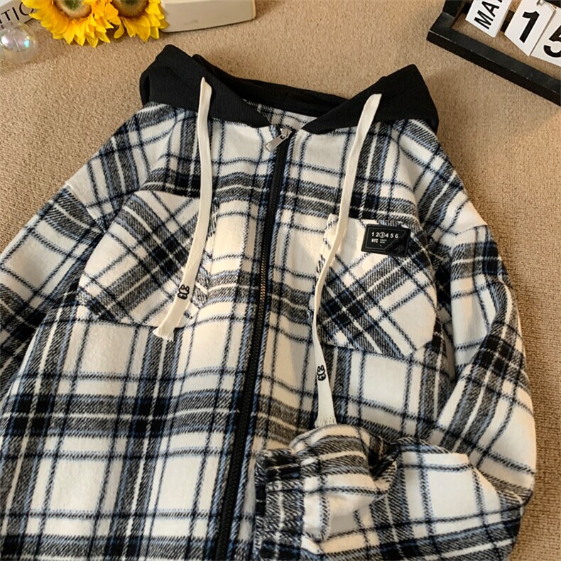 2025春季新款港风摆拍大码格子工装连帽夹克M-5XHJ24739-P75，男装夹克，电商A022