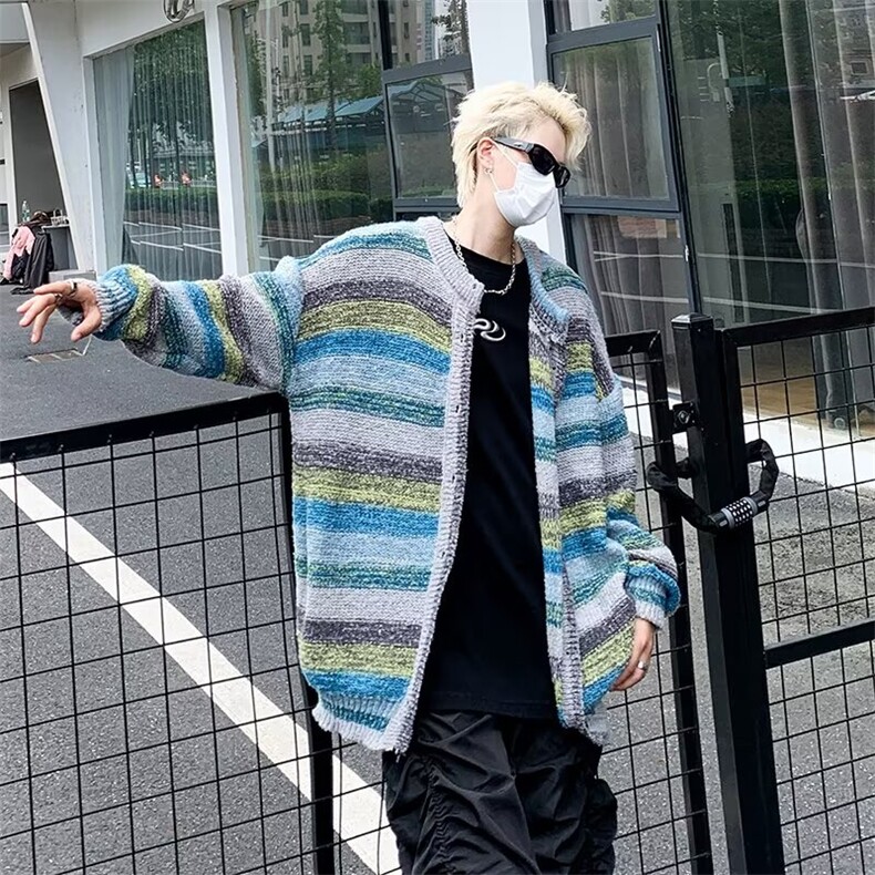 毛衣男秋冬慵懒风美式复古宽松潮牌油画彩虹渐变情侣针织开衫外套,男装针织衫/毛衣,星座1013