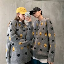 秋冬韩版笑脸情侣毛衣潮流宽松时尚灰套头针织衫男QT816-P68，男装针织衫/毛衣，星座1501