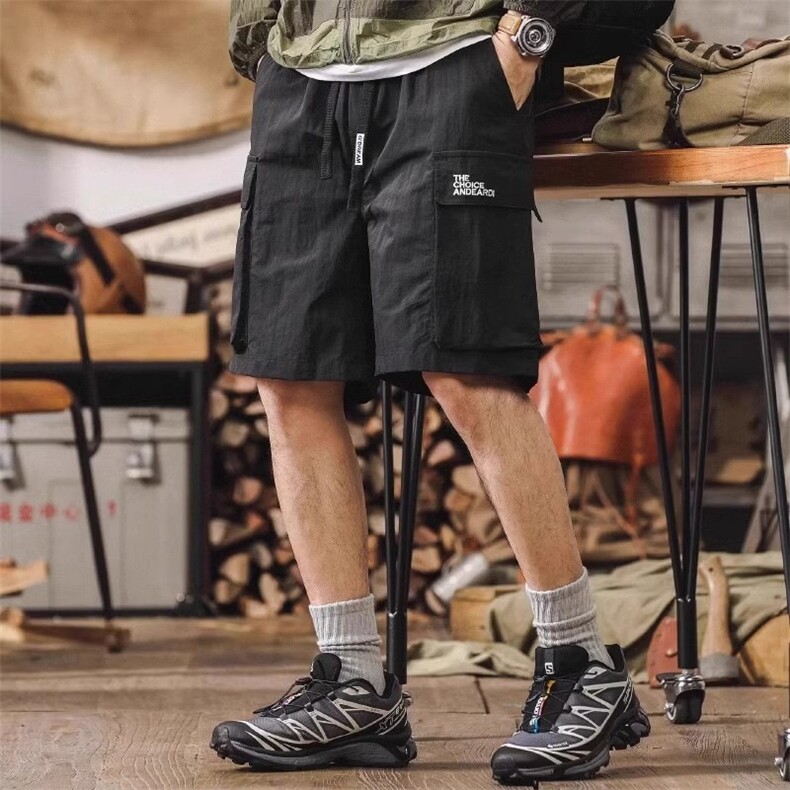 复古大口袋直筒工装短裤男夏季潮流机能风宽松阔腿抽绳五分裤,男装牛仔裤,星座1210-1