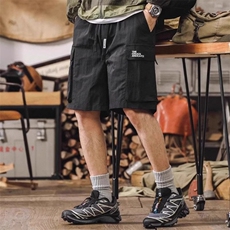 复古大口袋直筒工装短裤男夏季潮流机能风宽松阔腿抽绳五分裤，男装牛仔裤，星座1210-1