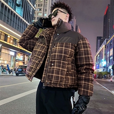 AY138/P128控168冬季社会小伙拼接撞色格子短款修身棉服男浅咖首，男装棉衣，星座305B-1