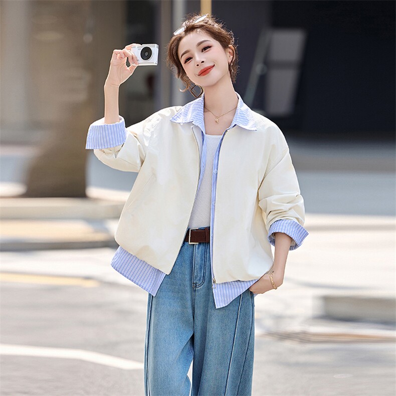 时尚条纹拼接假两件短外套女春季新款设计感减龄夹克风衣上衣,女装短外套,秀美人生