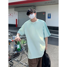 抖音得物品质二开240克宽松纯棉美式潮牌印花三条杠中性风短袖T恤，男装T恤，电商A486-1