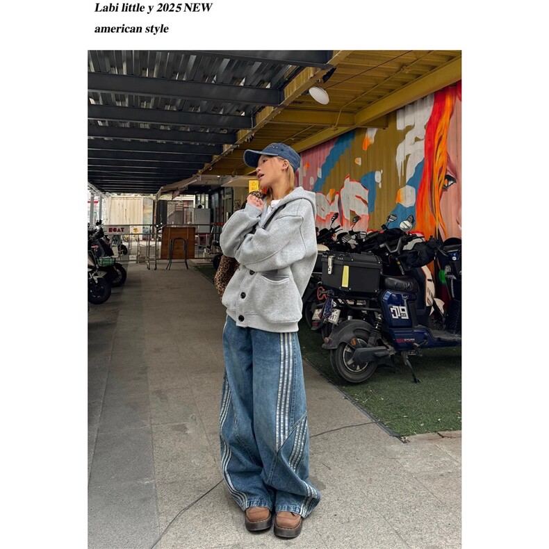美式复古水洗解构弯刀牛仔裤男高街条纹拼接宽松阔腿裤LNZ399-P55,男装牛仔裤,星座1008
