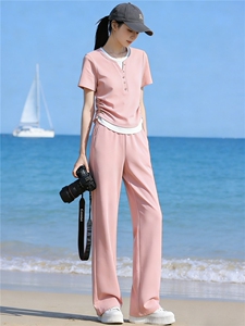 高品质时尚气质减龄套装女夏季新款拼接假两件上衣阔腿长裤两件套图片