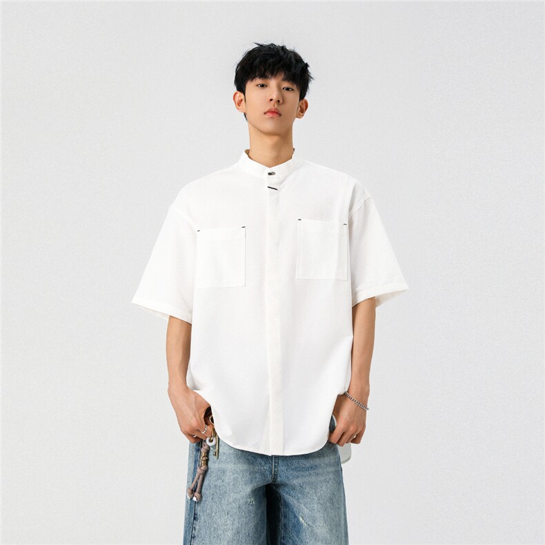 1新中式立领衬衫风暗扣工装大码M-5XL半袖衬衣男78013P48控78，男装T恤，星座226-2