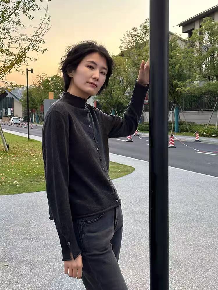半高领卷边针织开衫时尚百搭,针织衫/毛衣,百纯羊绒